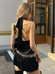 LIZAKOSHT  -  Sexy Halter Neck Leopard Tunics Mini Vacation Dress Streetwear Women Chic Hollow Out Backless Short Evening Party Dresses
