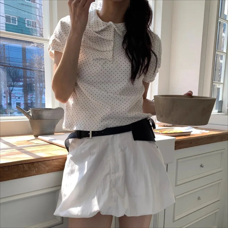 LIZAKOSHT  -  Y2k Clothes Polka Dot T Shirt For Women Folds Spring Summer Vintage Ropa De Mujer Korean Fashion Puff Sleeve Tees