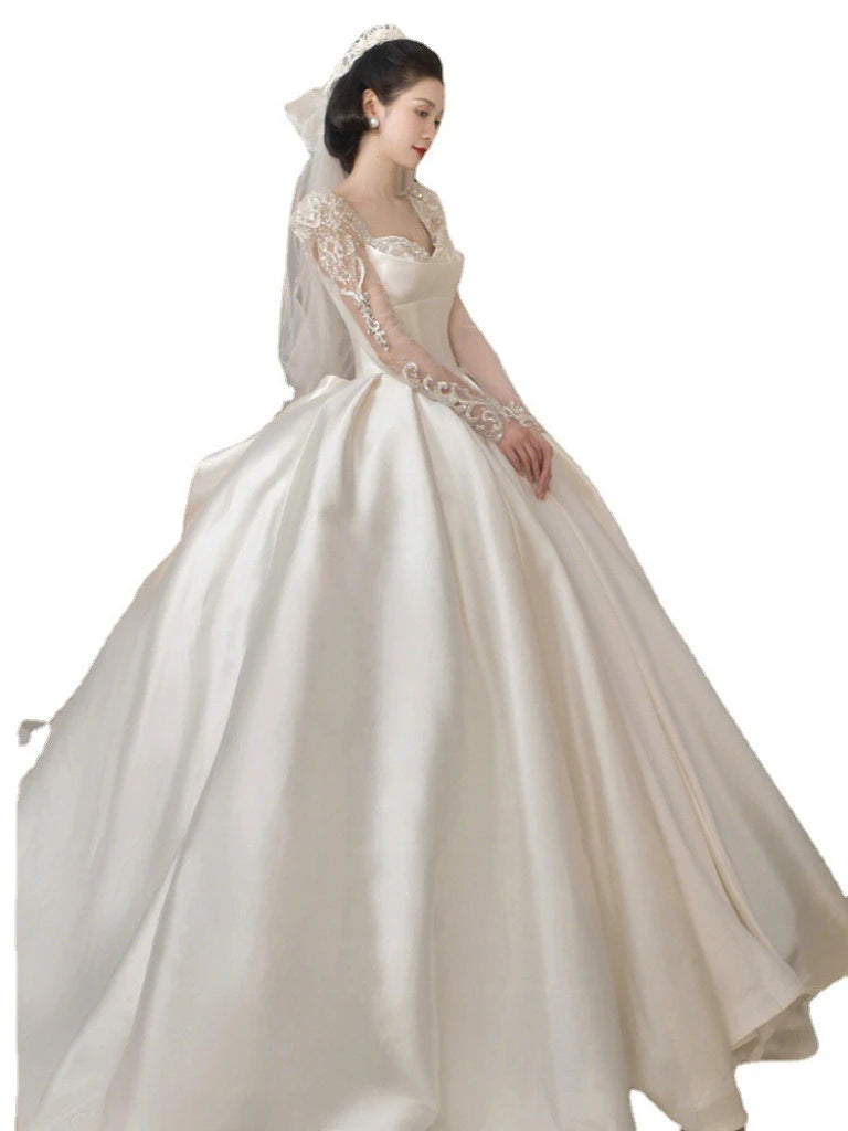 LIZAKOSHT  -  Satin Luxury Wedding Dresses Illusion O Neck Applique Sequined Beads Full Sleeve A Line Robe De Mariée Vestido Bow Bridal Gowns