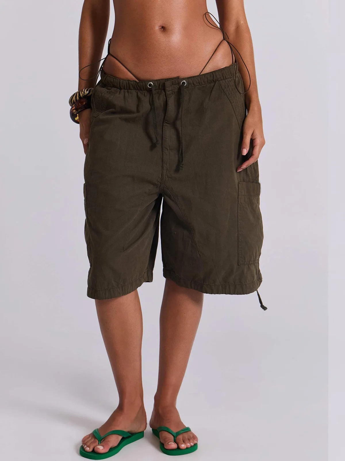 LIZAKOSHT  -  Euramerican Safari Style Drawstring Half Pants Y2k All Match Side Pockets Design Casual Women Wide Trousers Stright Short Pants