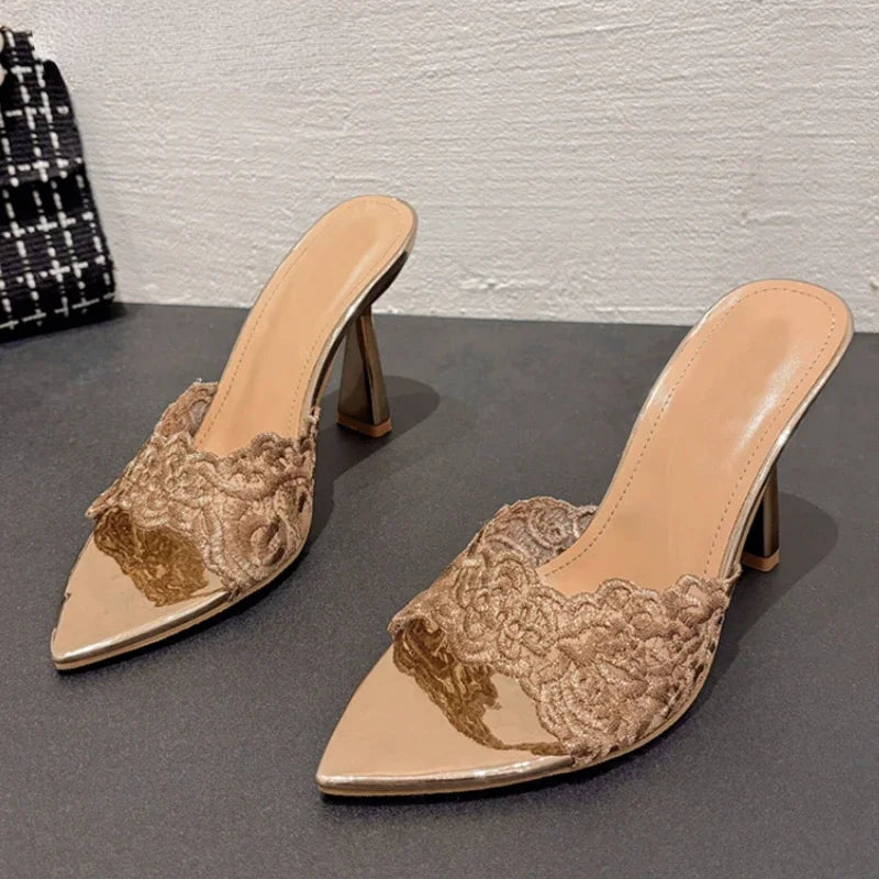 LIZAKOSHT  -  Embroidery Designer High Heels Slippers Women Sexy Pointed Toe Party Dress Shoes Summer Elegant Fashion Thin Heels Sandals Women