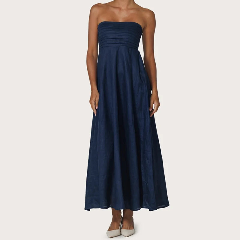 LIZAKOSHT  -  Women Tube Maxi Dress Ruched Strapless Bodice A Line Long Dress Elegant Lady Sleeveless Flowy Summer Sundress