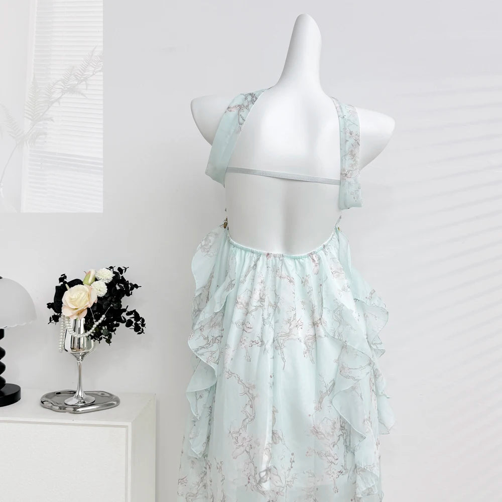 LIZAKOSHT  -  Sweet Lolita Chiffon Midi Dress Women Floral Print Ruffle Layered Halter Strapless Beach Vacation Japanese Fashion Casual Outfit