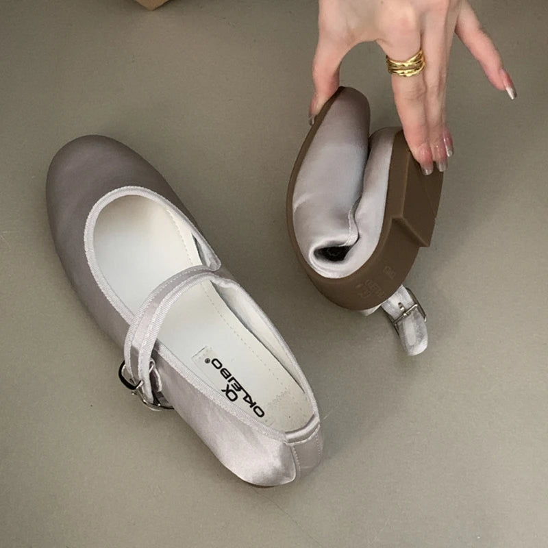 LIZAKOSHT  -  Comfort Satin Soft Sole Ladies Mary Jane Shoes Fashion Round Toe Shallow Women Flats Elegant Buckle Prom Designer Ballet Shoes