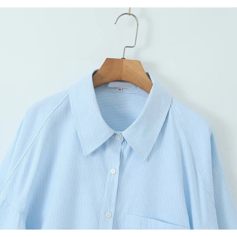 LIZAKOSHT  -  Spring 2024 Women Blue Striped Short Shirt Blouse Sexy Backless Lapel Streetwear Ladies Shirts  Batwing Sleeve Blusas Mujer