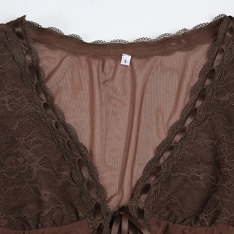 LIZAKOSHT  -  Y2K Lace Patchwork Mesh Long Sleeve Cardigan Tie Up Sexy Brown See Through Smock Top Vintage Stylish Streetwear 90s