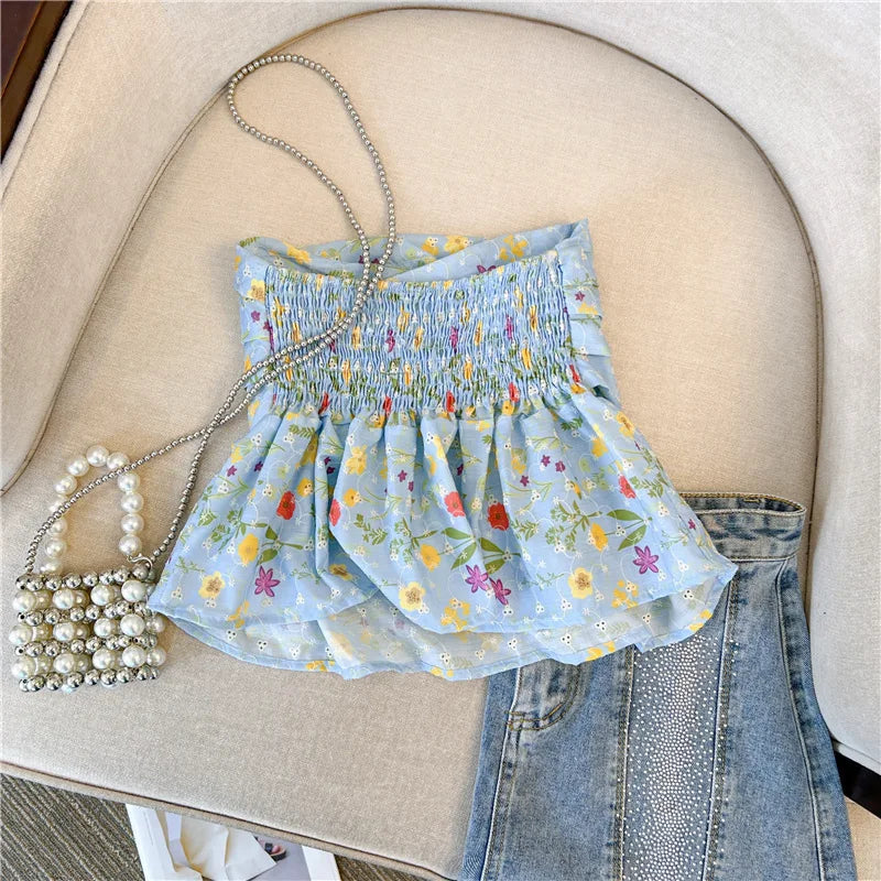 LIZAKOSHT  -  Strapless Strapless Strapless Pure Desire Blue Floral Puffy Camisole Women's Summer Design High-end Niche Outfit Tube Top