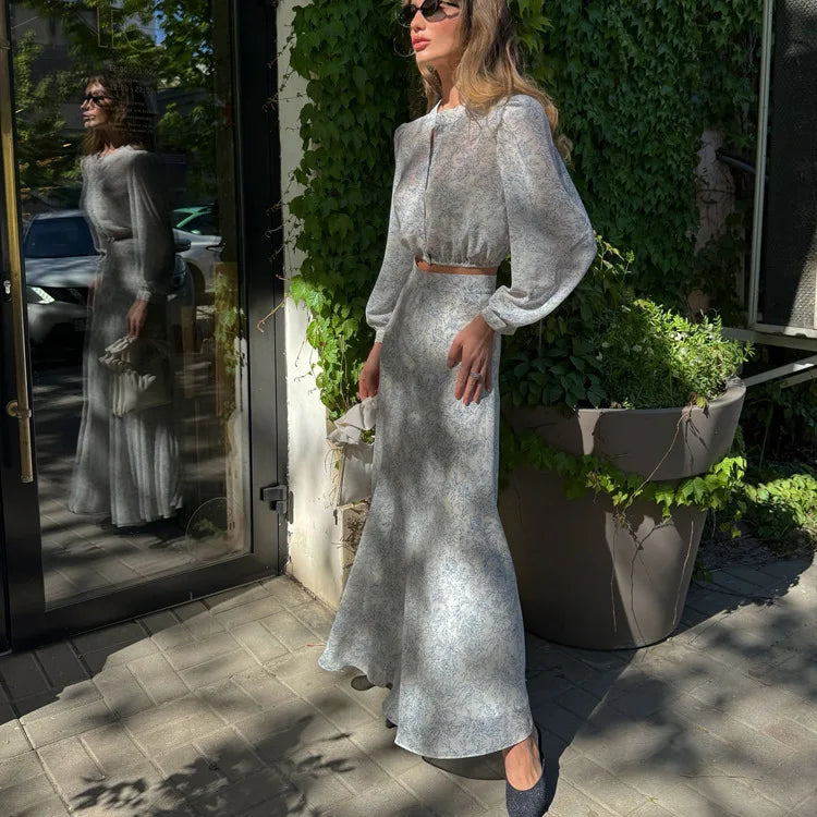 LIZAKOSHT  -  Commute Printed Female 2 Piece-Set Long Skirt Patchwork High Waist Short Top And Slim Maxi Skirt Sets New Women's Outfits