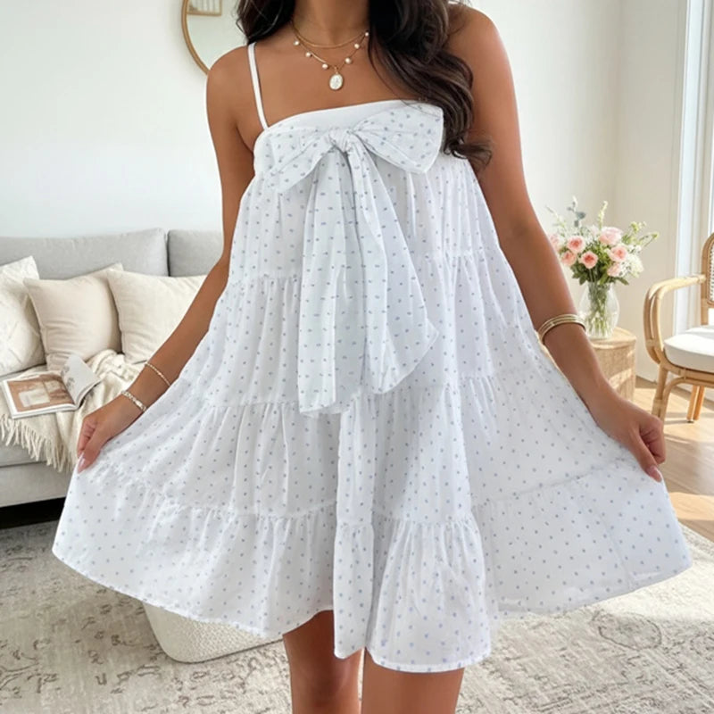 LIZAKOSHT  -  Women Mini Cami Dress Polka Dot Print Decorative Bow Square Neck Spaghetti Strap Dress Summer Pregnant A-line Dress