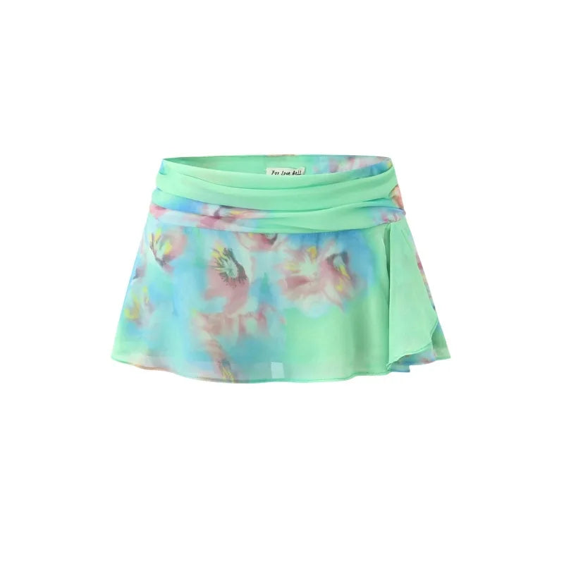 LIZAKOSHT  -  Women Waistband Ruched  Frisky Ruffle Chiffon Slit Mini Skirt