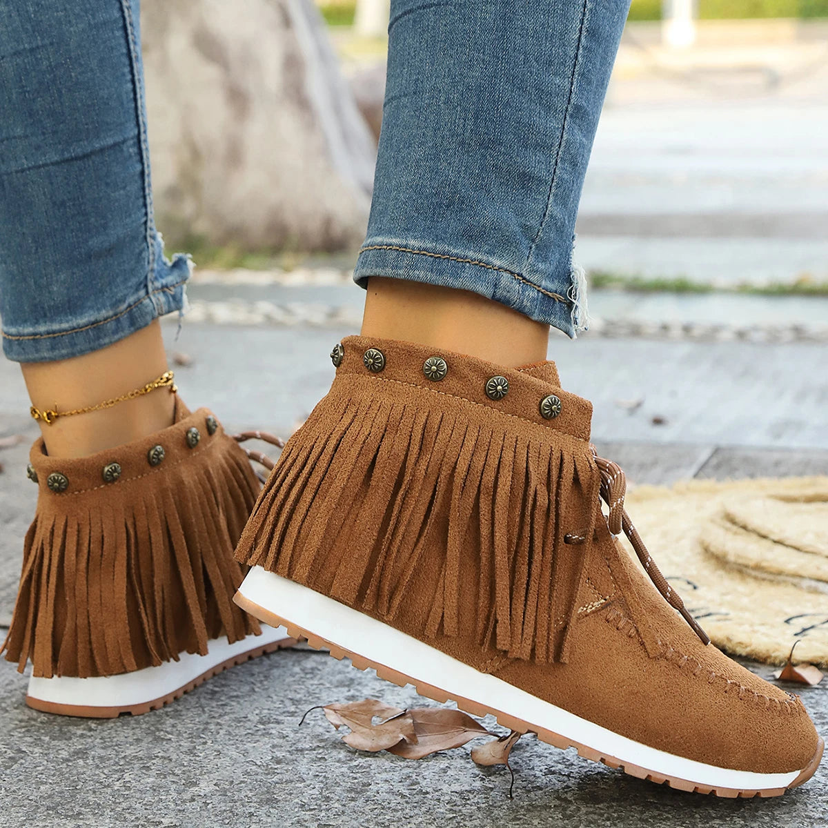 LIZAKOSHT  -  Trendy Womens Tassel Ankle Boots Brown Faux Suede Lace Up Flat Booties Woman Comfort Solid Color Casual Short Botas Mujer