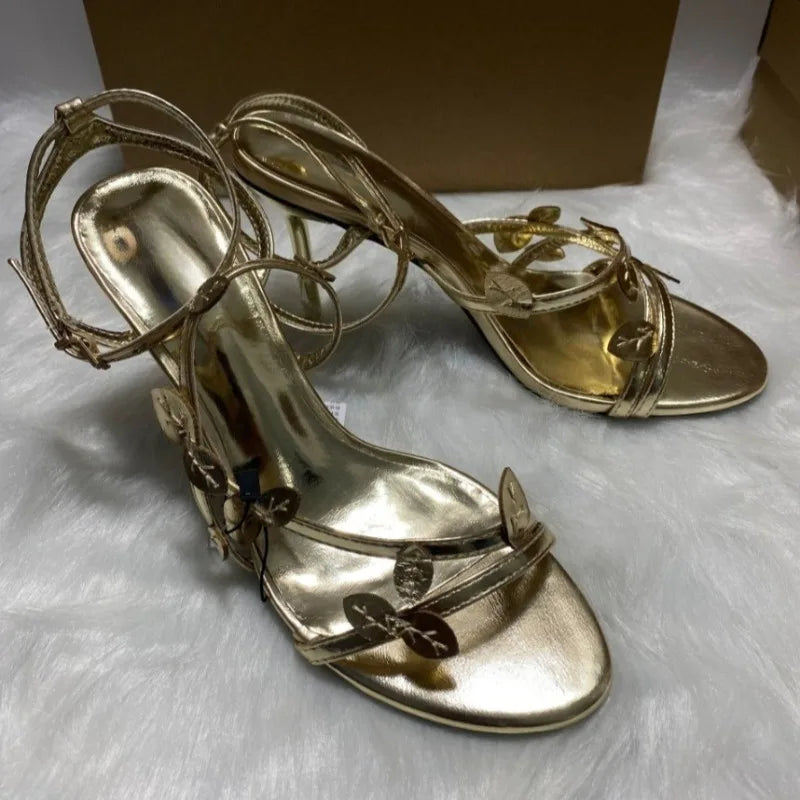 LIZAKOSHT  -  Luxury Gold Leafs High Heels Party Wedding Shoes for Women Sexy Ankle Strap Brand Dress Stilettos Open Toe Ladies Modern Sandals
