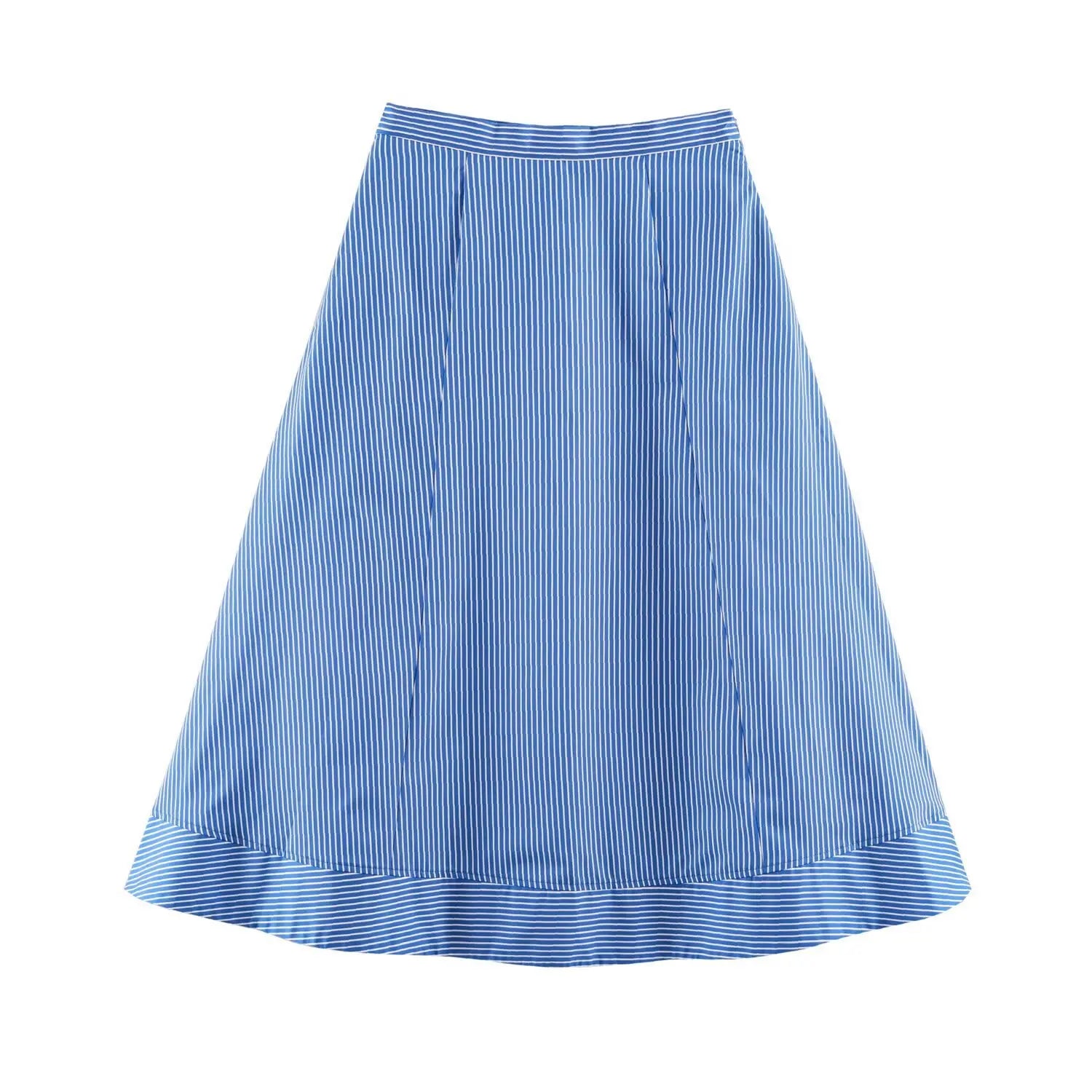 LIZAKOSHT  -  Fashion Women Blue White Stripes Midi Skirt Zipper Waist A-lined Swing A-lined Umbrella Skirts Bottom
