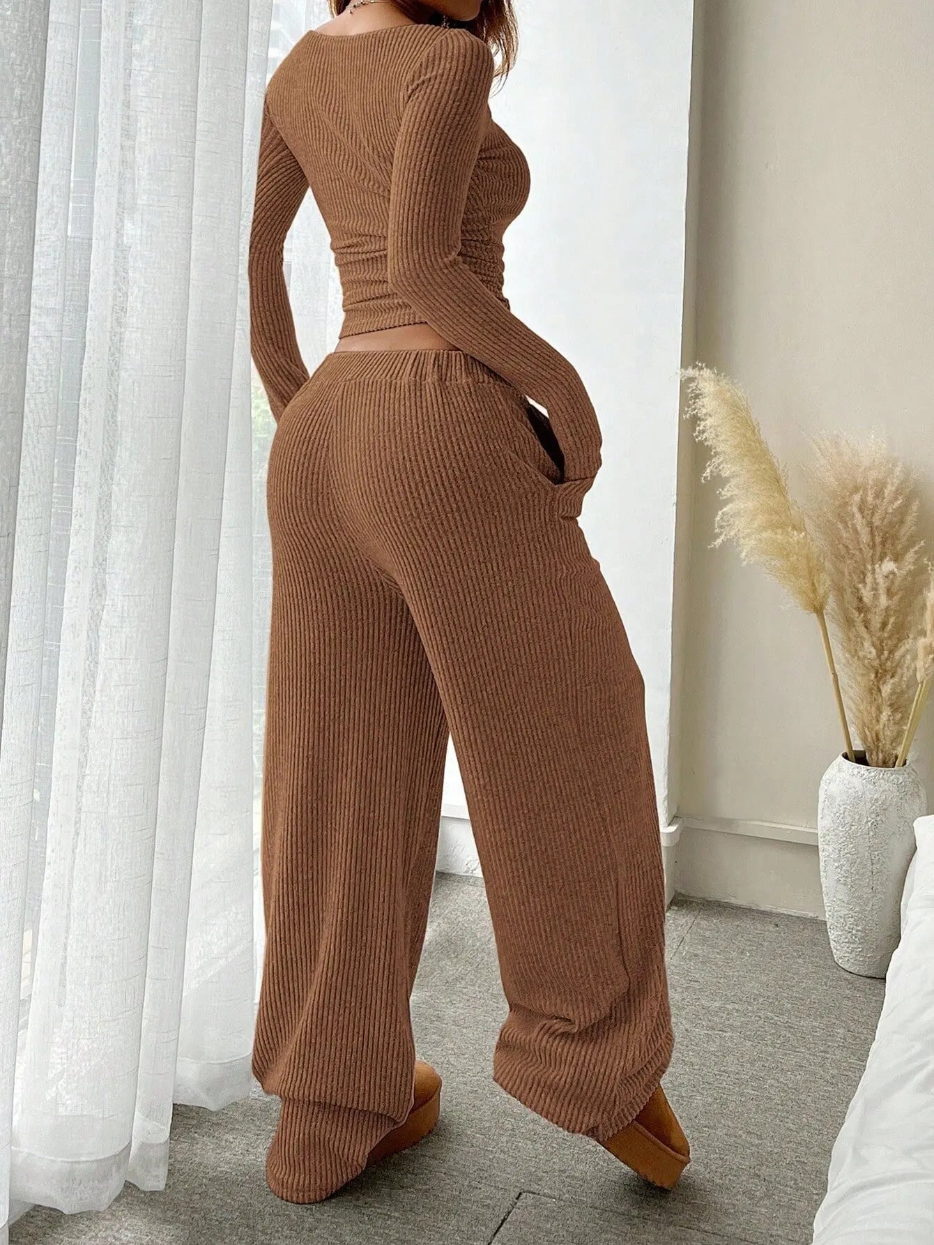 LIZAKOSHT  -  Fall Winter Women 2 Piece Set Solid Off Shoulder Long Sleeve Top Elastic Waist Wide Leg Pants Fashion Casual Outfit