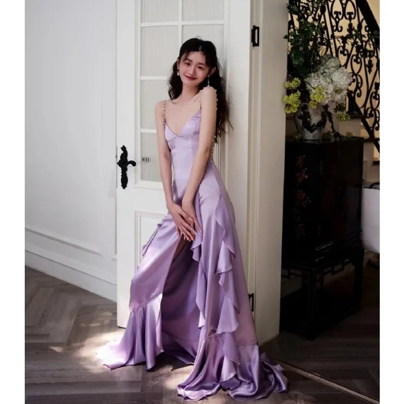 LIZAKOSHT  -  Purple V-neck Strap for Bride's Wedding Sexy Pleated Split Tassel Birthday Party Dress Платье Для Мамы Жениха Women Gowns