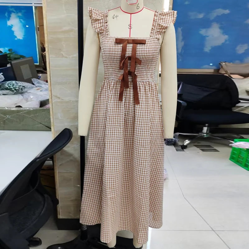 LIZAKOSHT  -  Women Vintage Plaid Dress Bow Smocked Ruffled Trim Flying Sleeve Long A-Line Dress Elegant Cocktail Party Maxi Dress