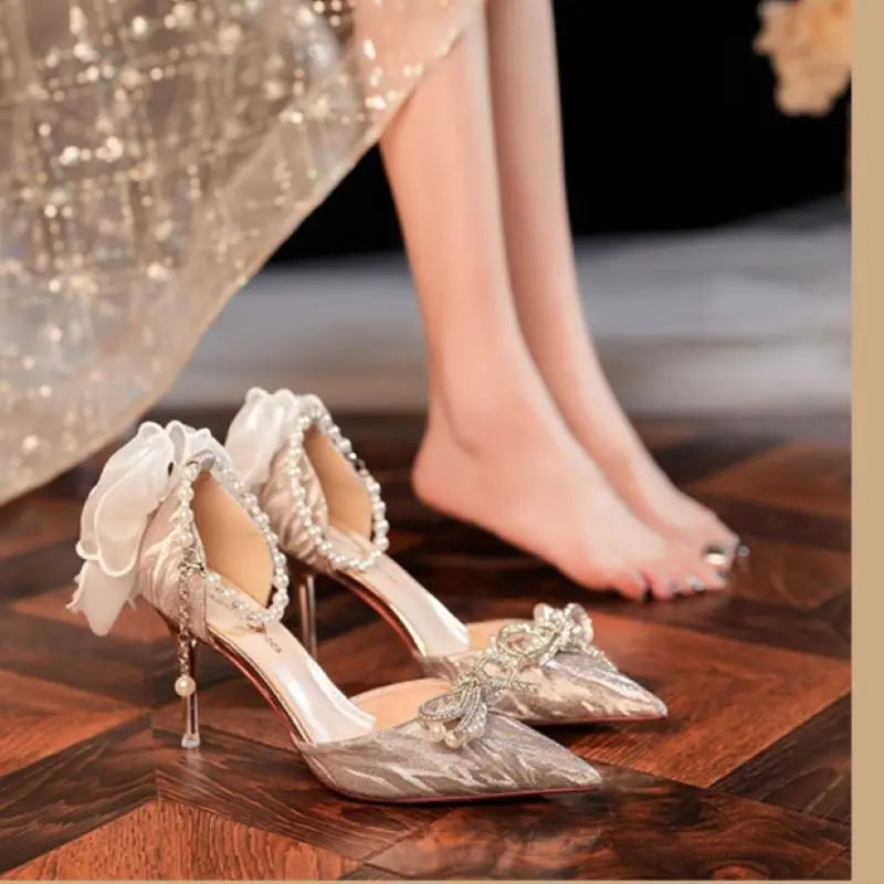 LIZAKOSHT  -  Summer Women's Sandals Luxurious Pointed Toe Rhinestone Bow Flower Stiletto Heels Banquet Wedding Shoes High Heels