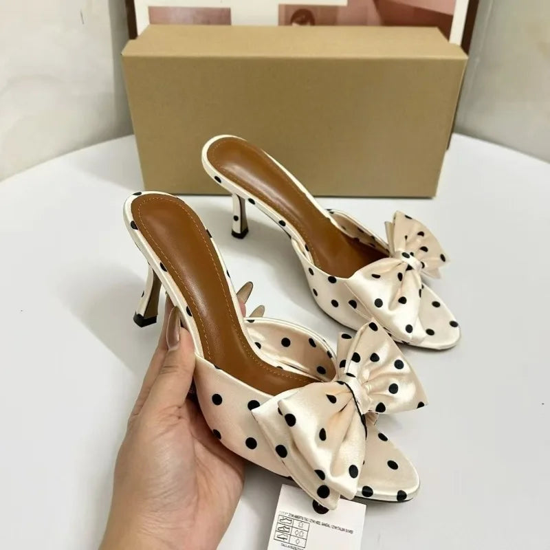 LIZAKOSHT  -  Summer New Women's Polka Dot Bow Satin Mules - Stiletto High Heel Open Toe Fashion Slippers for Party Evening Dress Shoes