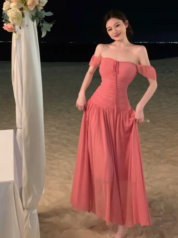 LIZAKOSHT  -  Summer Elegant Slim Beach Dress Korean New Tide One-piece A-line Shot Sleeve Sundress Women Fairy Pink Vestidos Mujer Clothes