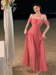LIZAKOSHT  -  Summer Elegant Slim Beach Dress Korean New Tide One-piece A-line Shot Sleeve Sundress Women Fairy Pink Vestidos Mujer Clothes
