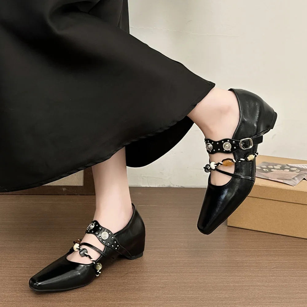 LIZAKOSHT  -  Design Lovely Buckle Straps Mary Janes Shoes Women Chic Black 4cm Mid Heels Shoes Chain Office Lady Dress Pumps