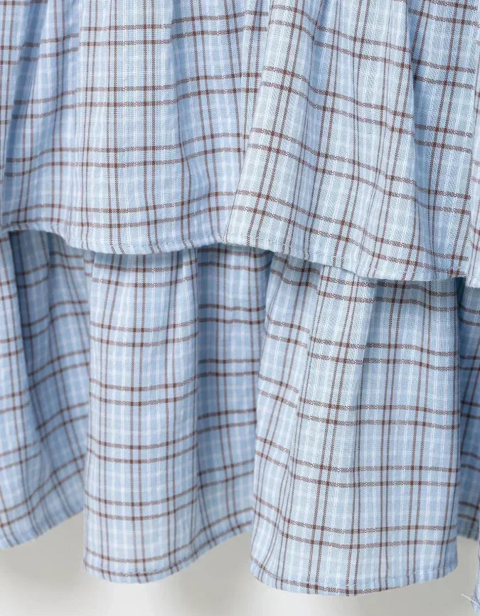 LIZAKOSHT  -  Plaid Waist Cinching A-line Dress Women Casual Short Sleeve V-neck Layered Pleated Mini Dresses Lady Holiday Street Robes