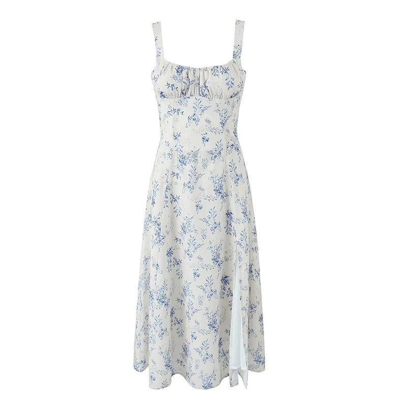 LIZAKOSHT  -  French Style Holiday Sling Dress Women Floral Print Hem Slit A-line Midi Summer Dresses