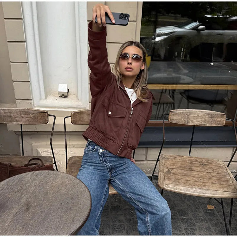 LIZAKOSHT  -  Casual Flip Collar Zipper Pocket Jacket Woman Solid Color Long Sleeves Loose Street Coats Chic Women's Warm Early Autumn Jackets