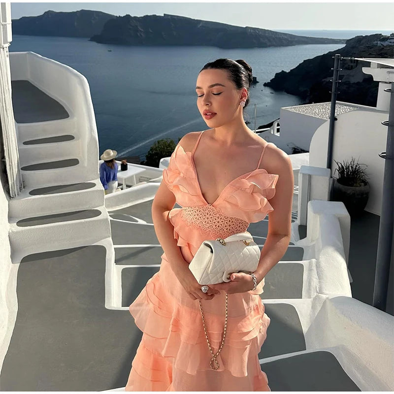 LIZAKOSHT  -  Cascading Ruffle Slip Women's Dress V-neck Sleeveless Hollow Out Waist Cinching Evening Party Dresses 2025 Summer Elegant Robe