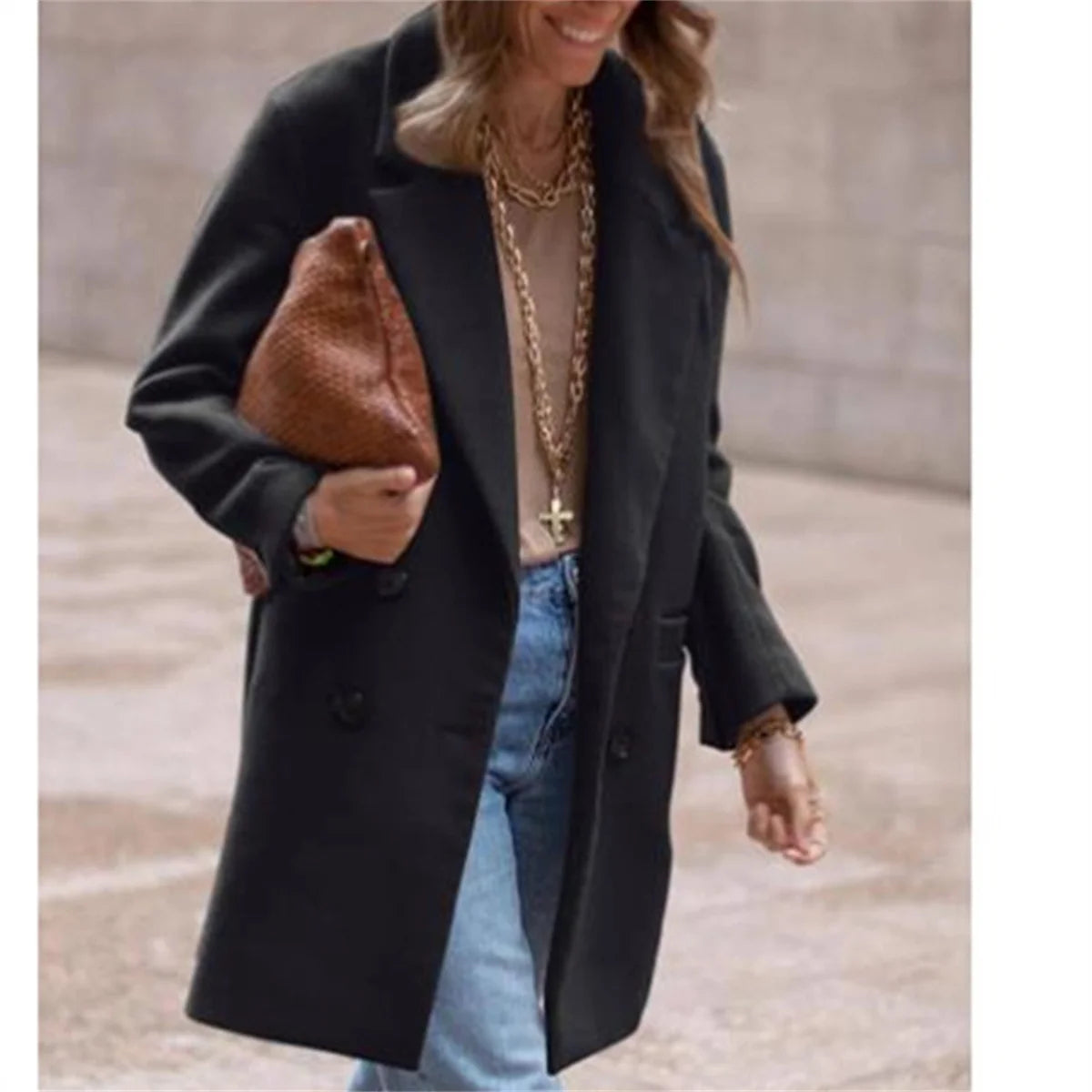 LIZAKOSHT  -  Women Lapel Double Breasted Coats Autumn Winter New In Fashion Jackets Sollid Color Lond Sleeve Pocket Jacket Lady Warm Outwears