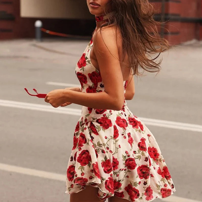 LIZAKOSHT  -  Sexy Sweet Rose Printed Halter V Neck High Waisted Sleeveless Backless A-line Short Dresses Chic Vintage Holiday Streetwear