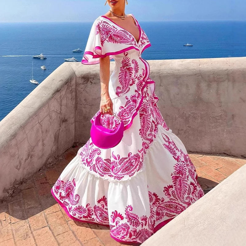 LIZAKOSHT  -  Women Casual Short Sleeve Pleated Long Dress 2025 Fashion Pattern Print Party Dress Elegant Deep V-neck Ruffle Bohemian Dresses
