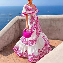 LIZAKOSHT  -  Women Casual Short Sleeve Pleated Long Dress 2025 Fashion Pattern Print Party Dress Elegant Deep V-neck Ruffle Bohemian Dresses