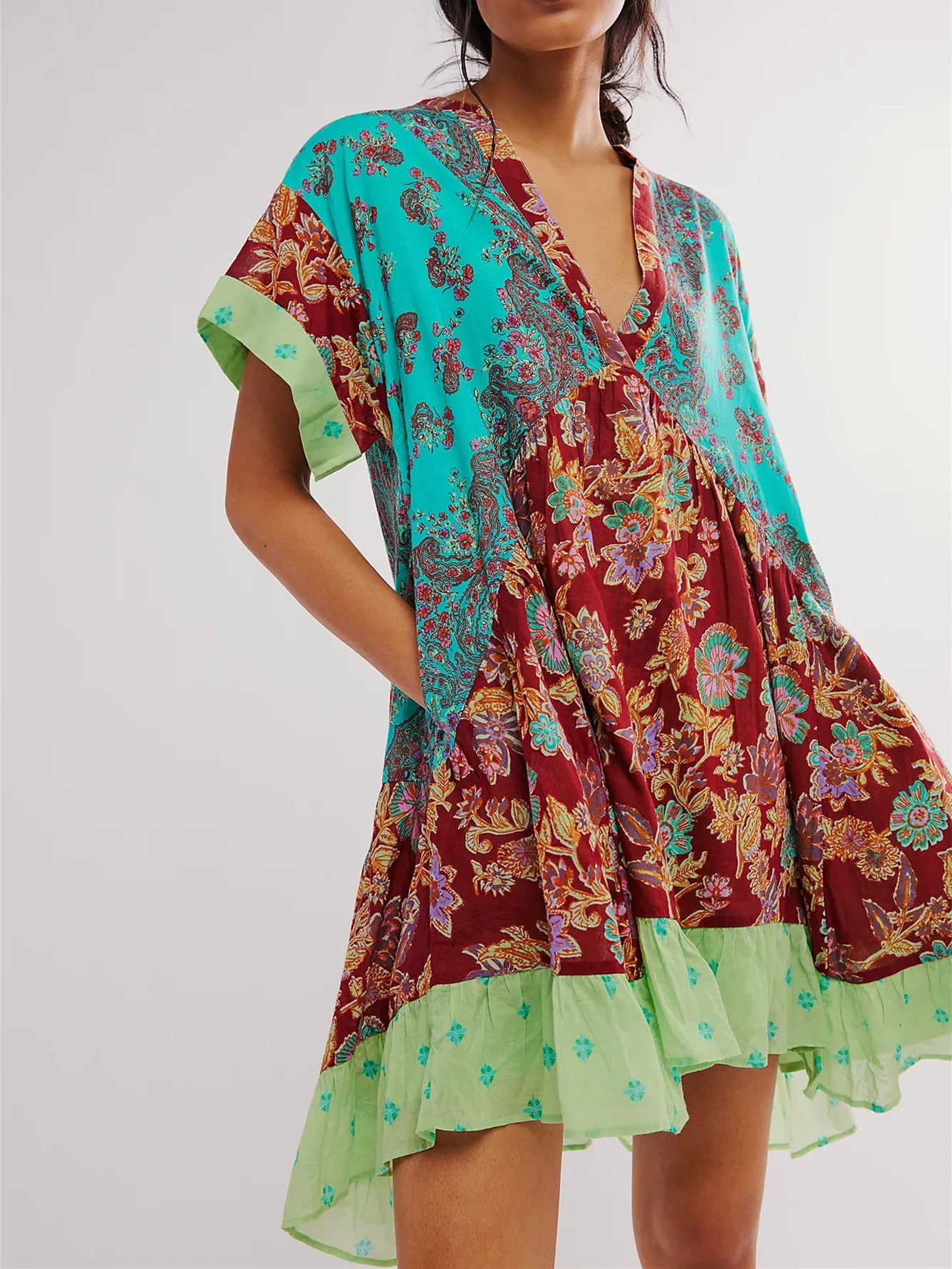 LIZAKOSHT  - Retro Women Bohemian Floral Short Dress Boho Puff Sleeve Flowy Sundress V Neck Ruffle Mini Dress Summer Beach Dress