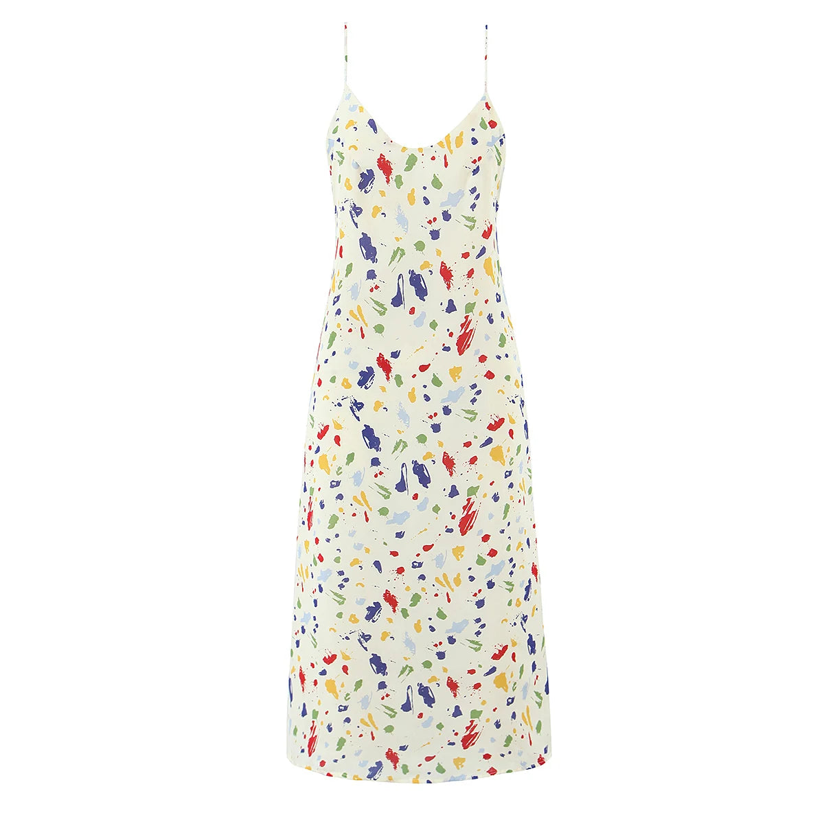 LIZAKOSHT  -  Holiday Women Beige with Colored Geometric Dot Print Sling Dress V Collar Tie Bow Back Midi Long Dresses Vestidos Summer Robe