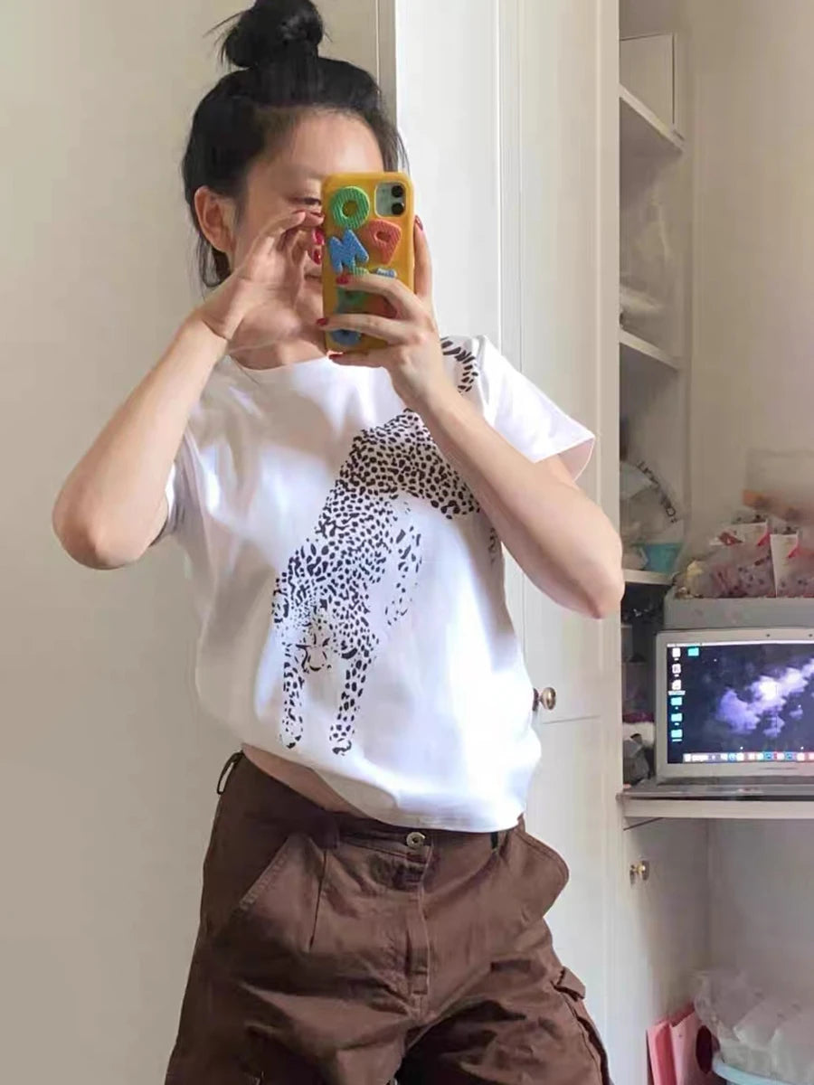 LIZAKOSHT  -  Animal Graphic White T-shirt Woman New Cotton Round Neck Short Sleeve Tees Tops Female Vintage Classic Print Loose Tshirts Y2k