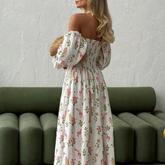 LIZAKOSHT  -  Casual Pleats Long Dress Autumn Sexy Off Shoulder Lantern Sleeve Dress Women Fashion Floral Print Split Holiday Dress Mujer