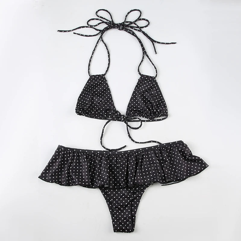 LIZAKOSHT  -  Women Polka Dot Bikini Set Beaches Style Lace-up Halter Camisole and Ruffled Triangle Pants Two Piece Set Vacation