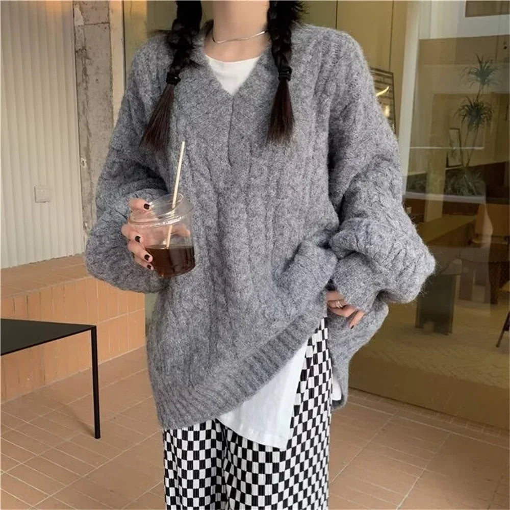  LIZAKOSHT  -  Korean Style V Neck Pullovers Sweater Women Spring Autumn Winter Ladies Knitted Elegant Party Pullover Long Sleeve Clothing Top