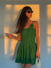 LIZAKOSHT  -  Sexy One Shoulder Sleeveless Women Mini Dress Fashion Backless Pleated Hem Green A-line Dresses 2024 Summer Lady Vacation Robes