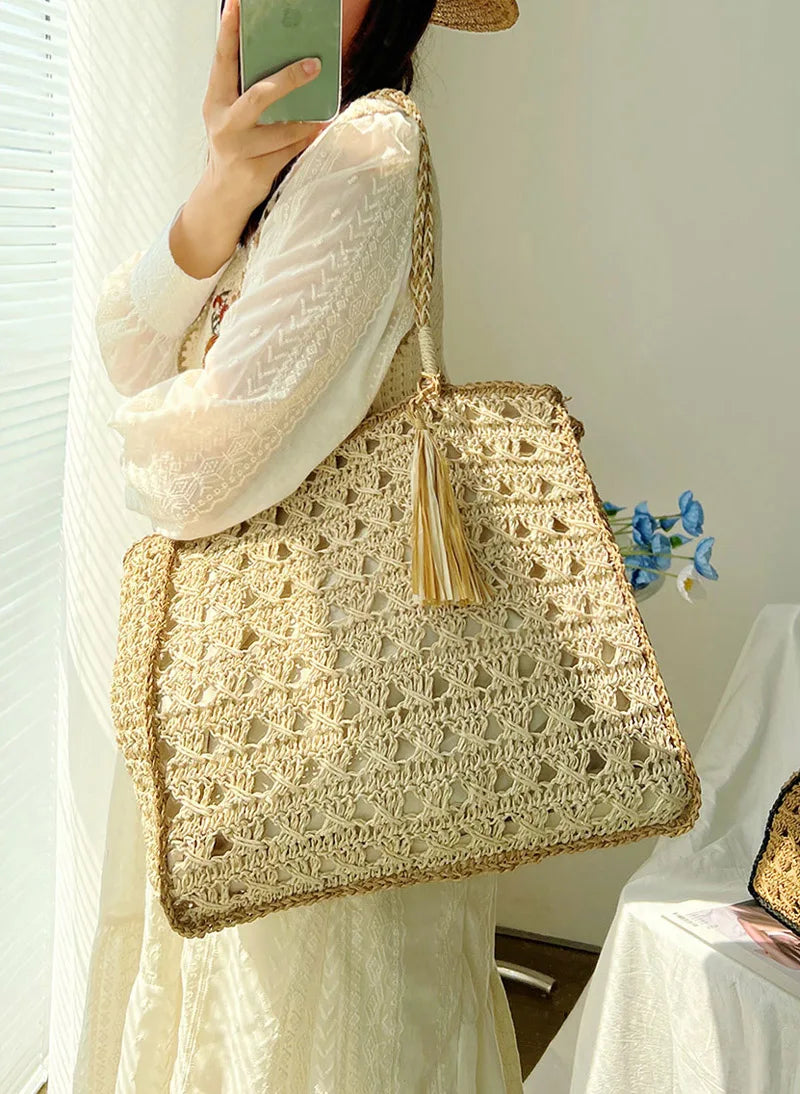 LIZAKOSHT  -  Mesh Crochet Beach Bags Women Hollow Out Straw Woven Tote Bag Seaside Vacation Square Knitted Handbag with Tassel