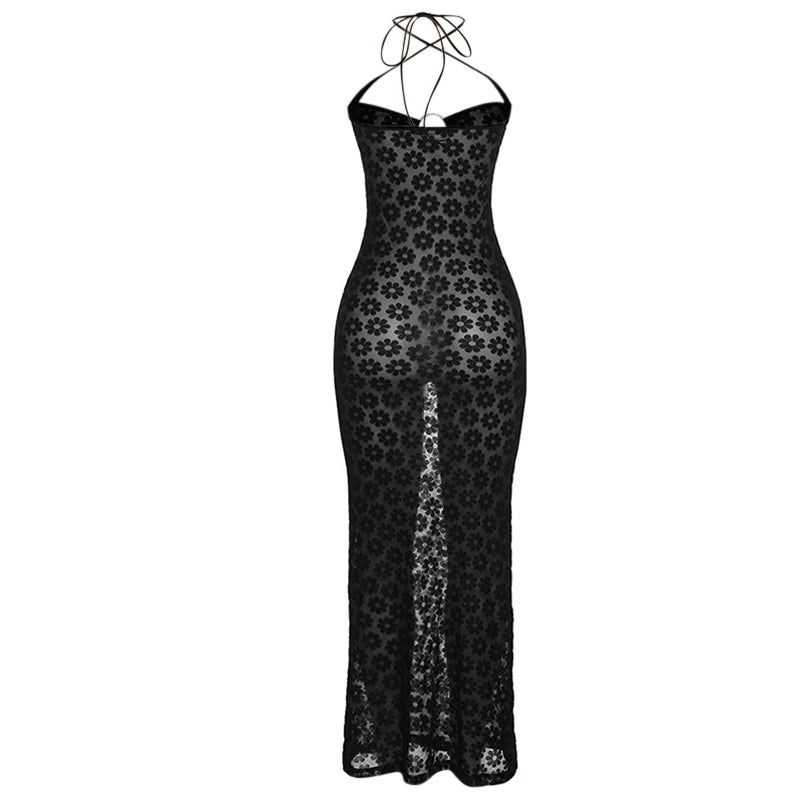 LIZAKOSHT  -  y2k Dress Women Summer Floral Print Hollow Out Spaghetti Strap Sleeveless Halter Neck Bodycon Dresses Party Dresses