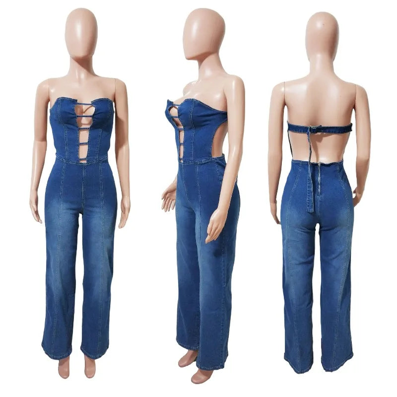 LIZAKOSHT  -  Fashion Sexy Solid Color Denim Jumpsuits Summer Clothes Women Strapless Backless Straight Jeans Playsuits One Pieces Overalls