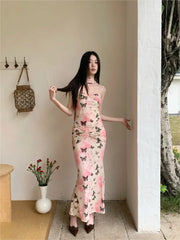LIZAKOSHT  -  2024 Pink Floral Black Butterfly Flutter Dress Elegant Slim Fishtail Sheath Dress