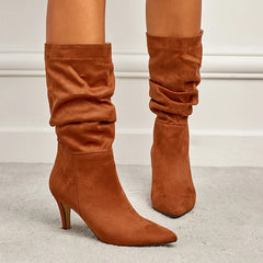 LIZAKOSHT  -  Autumn/Winter New Fashion Pointed Suede Pleated Women's High Heel Mid Sleeve Boots Women's Large Sizes