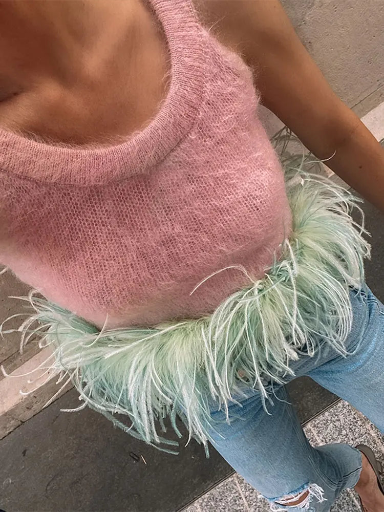 LIZAKOSHT  -  Women O Neck Feather Hem Knitted Vest Fashion Chic Sleeveless Sling Tank Tops 2024 Summer Female Casual High Street Pullover