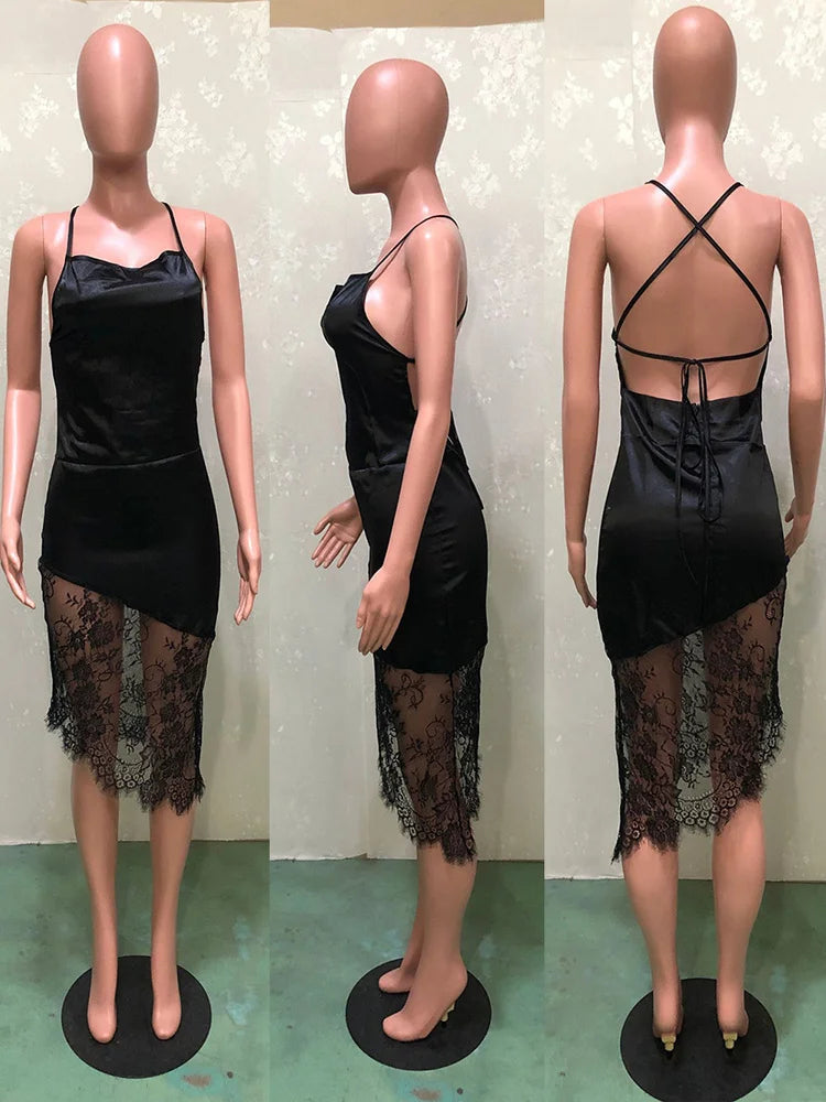 LIZAKOSHT  -  Sexy Lace Splicing Women's Casual Dr Street Sle mid Waist A-Line Gown No Sve Belted Outdoor Autumn Faion