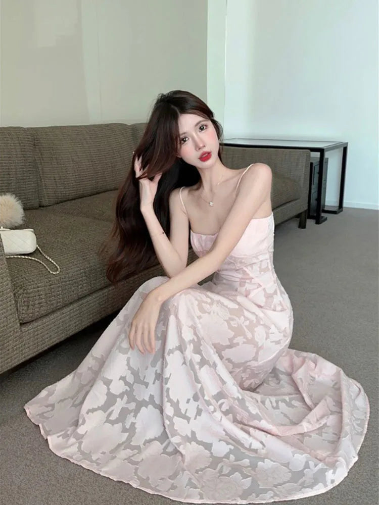 LIZAKOSHT  -  Jacquard Spagehtti Strap Evening Dress Women New High Waist Large Swing A-line Dresses Sexy Sweet Slim Party Robe