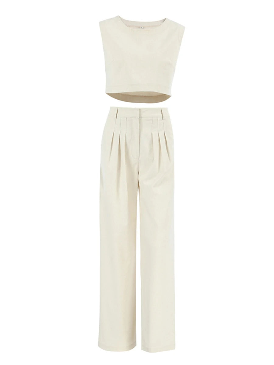 LIZAKOSHT  -  Summer Womem Fashion Round Neck Sleeveless Top Pants Suit Two-Piece Set Office Ladies Chic Pants Suits Womens Outfits