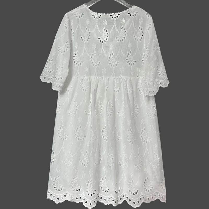 LIZAKOSHT  -  Womens Sexy Hollow Out Embroidery Lace Dress Spring Autumn Jacquard Crochet Party Dress Elegant V-neck Tie-up Loose Mini Dresses